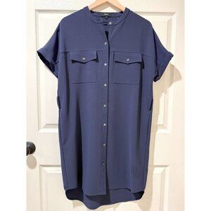 Theory Navy Blue Short Sleeve Shirt Dress Button Down Pockets Minimal Classic MD